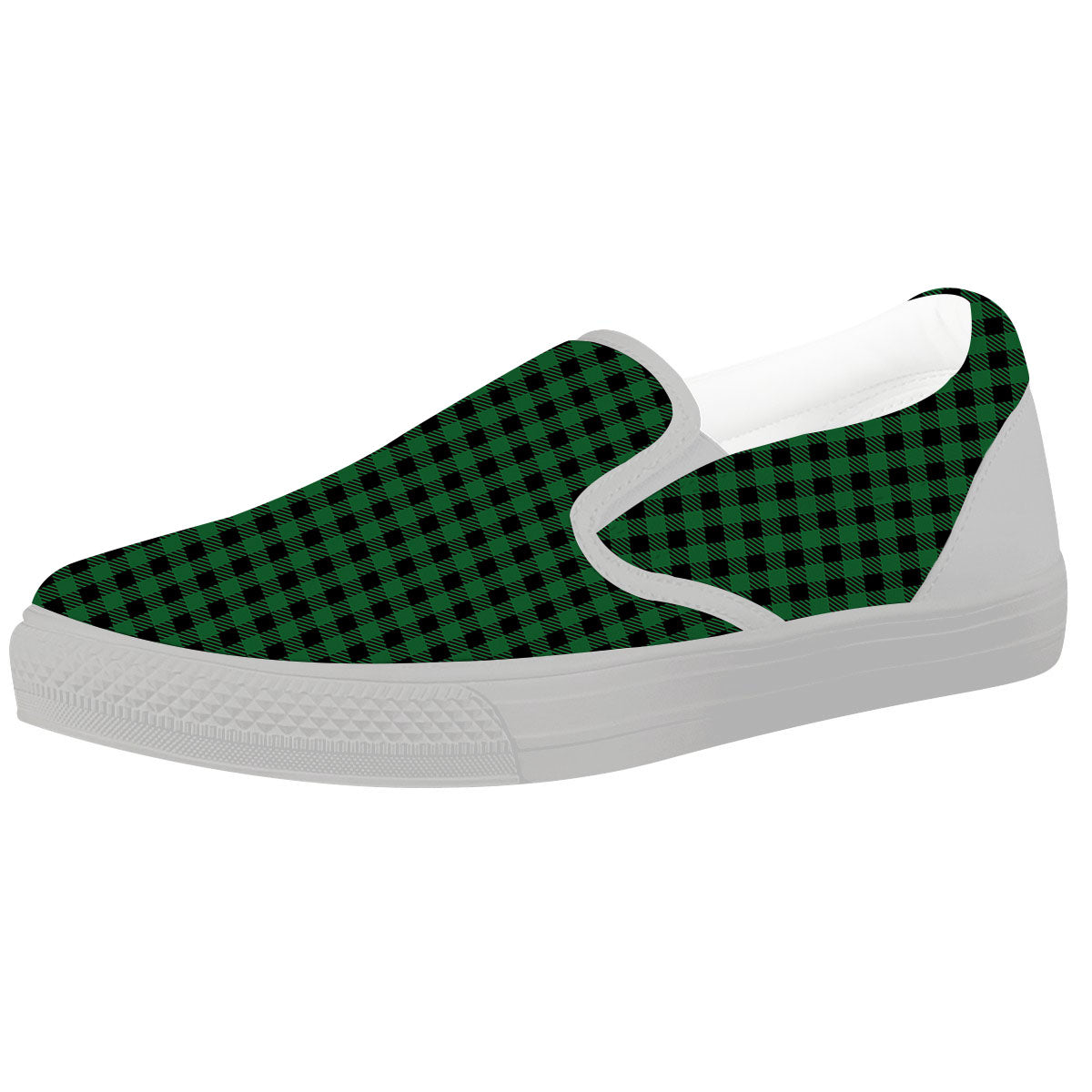 Buffalo Plaid Black And Green Print White Slip On Shoes-grizzshop