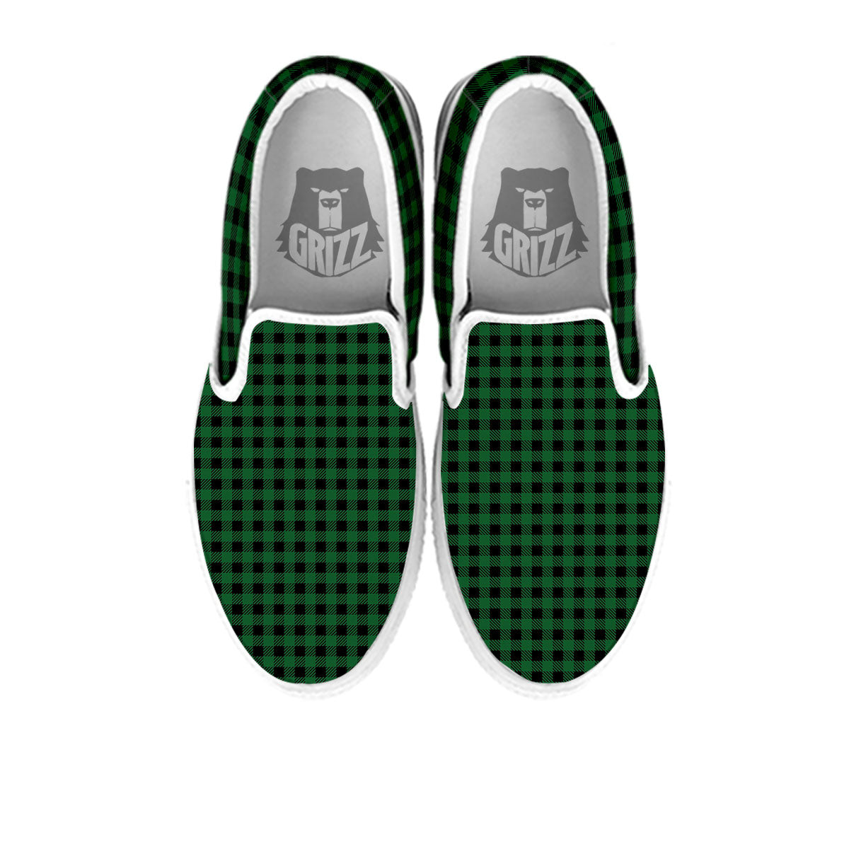 Buffalo Plaid Black And Green Print White Slip On Shoes-grizzshop