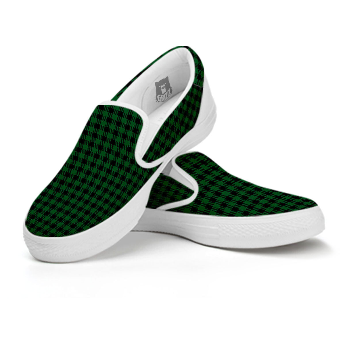 Buffalo Plaid Black And Green Print White Slip On Shoes-grizzshop