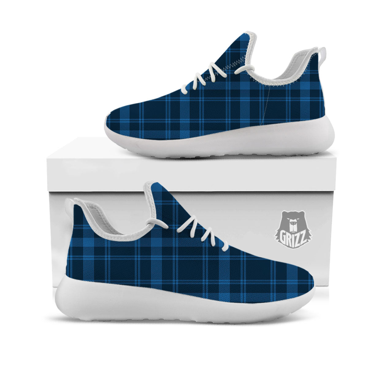 Buffalo Plaid Black And Navy Print White Athletic Shoes-grizzshop