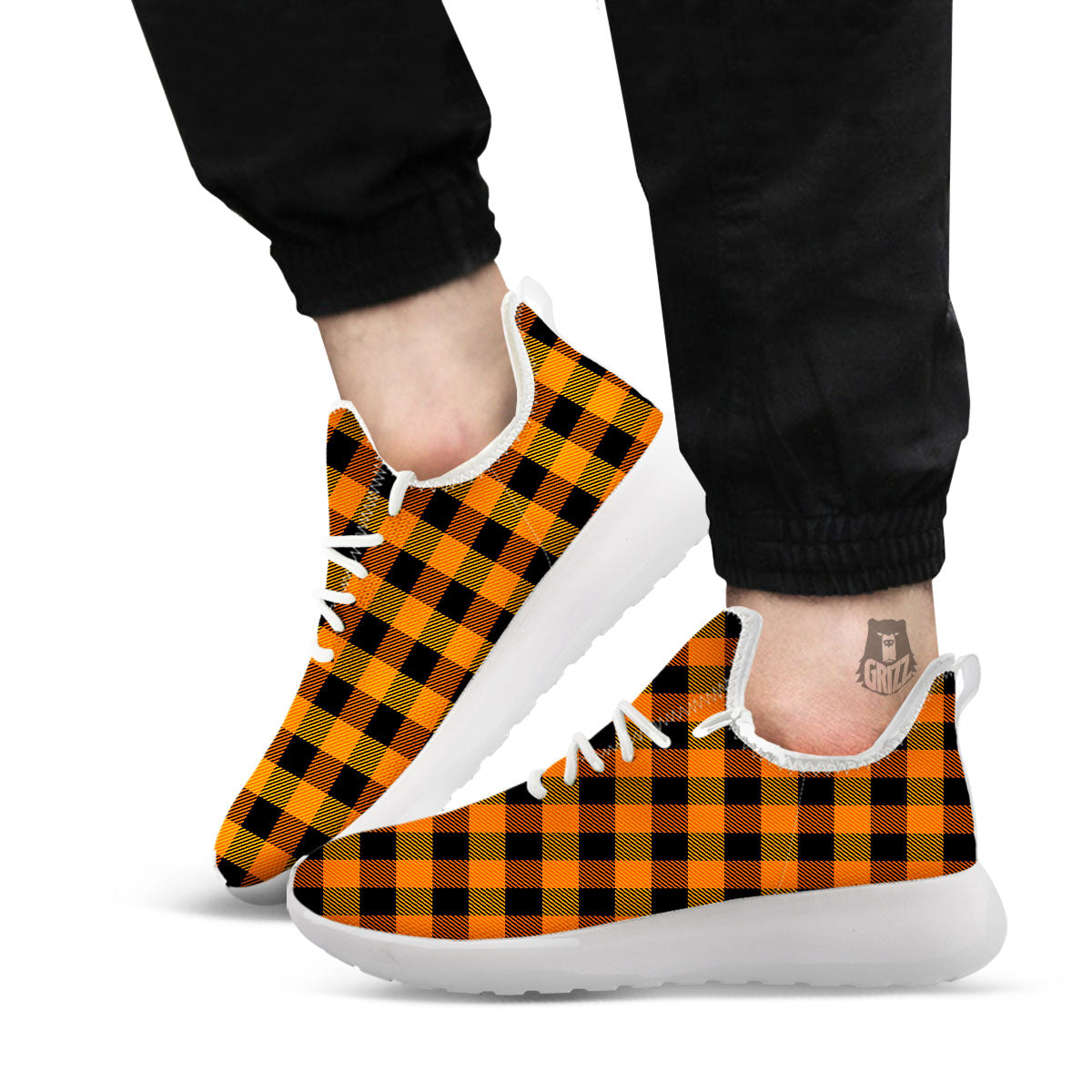 Buffalo Plaid Black And Orange Print White Athletic Shoes-grizzshop