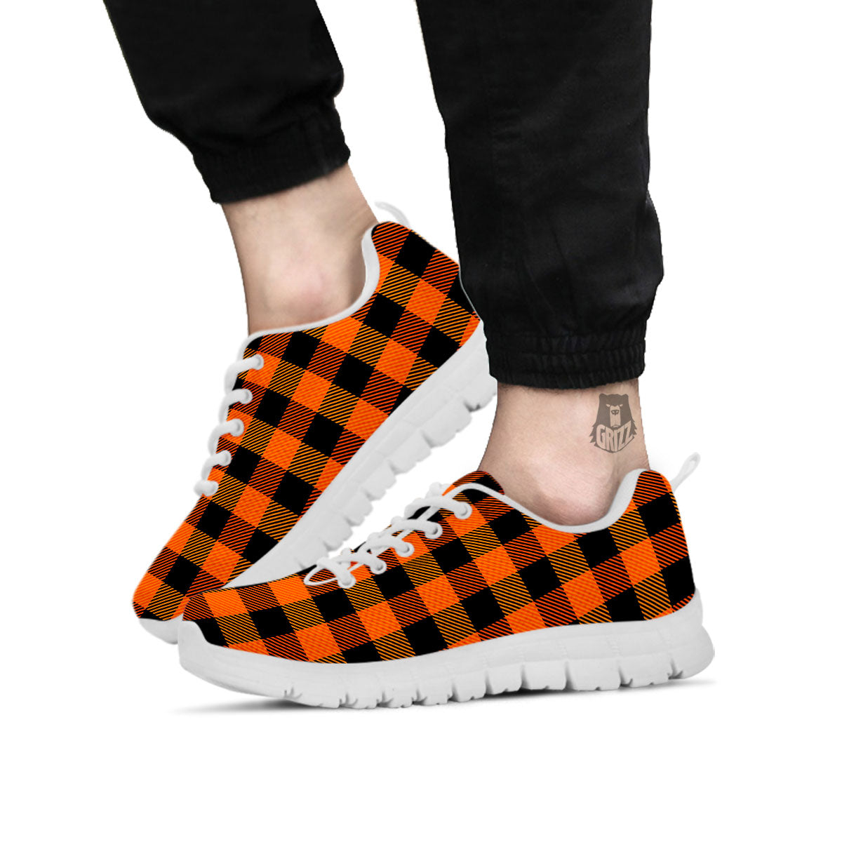 Buffalo Plaid Black And Orange Print White Sneaker-grizzshop