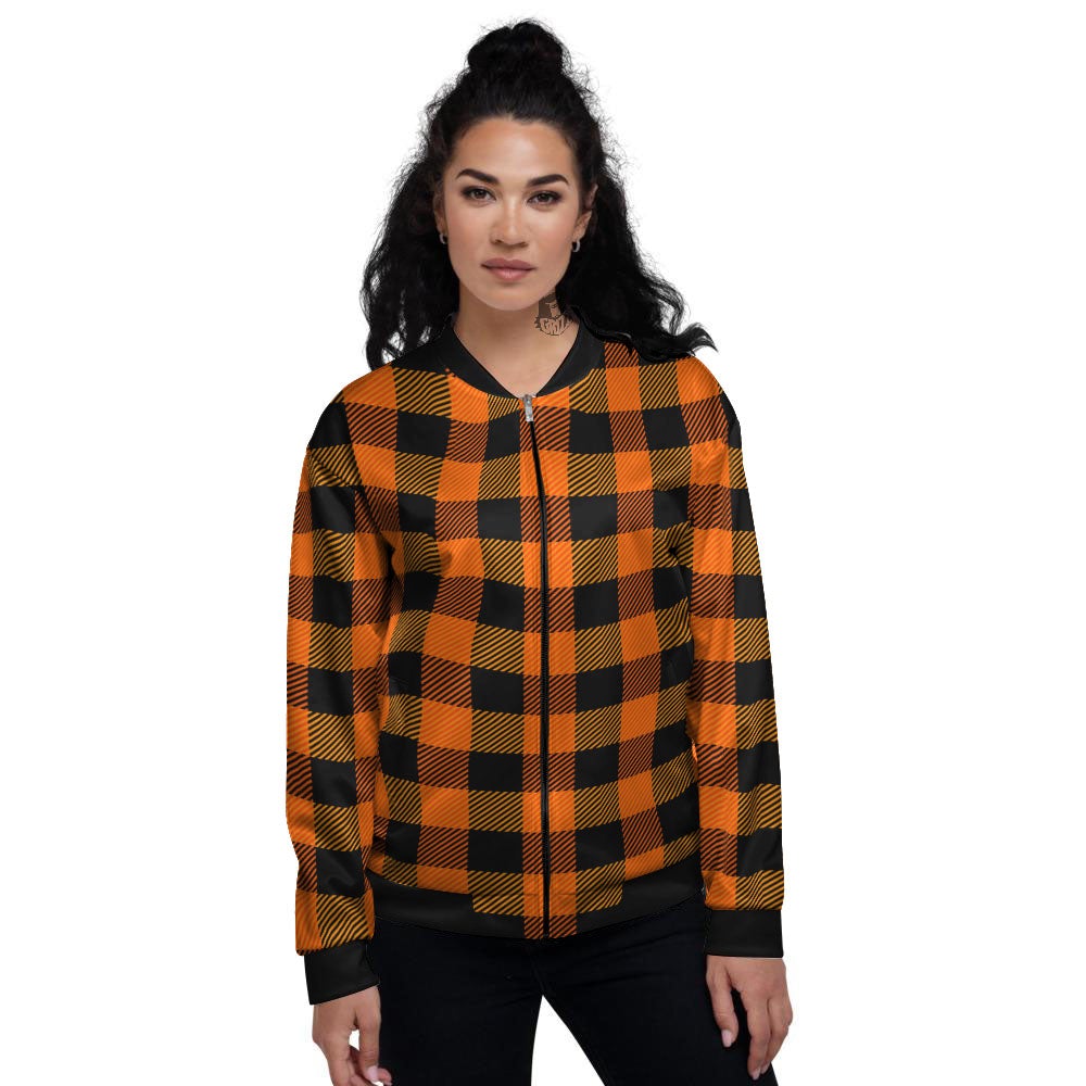 Buffalo Plaid Black And Orange Print Women's Bomber Jacket-grizzshop