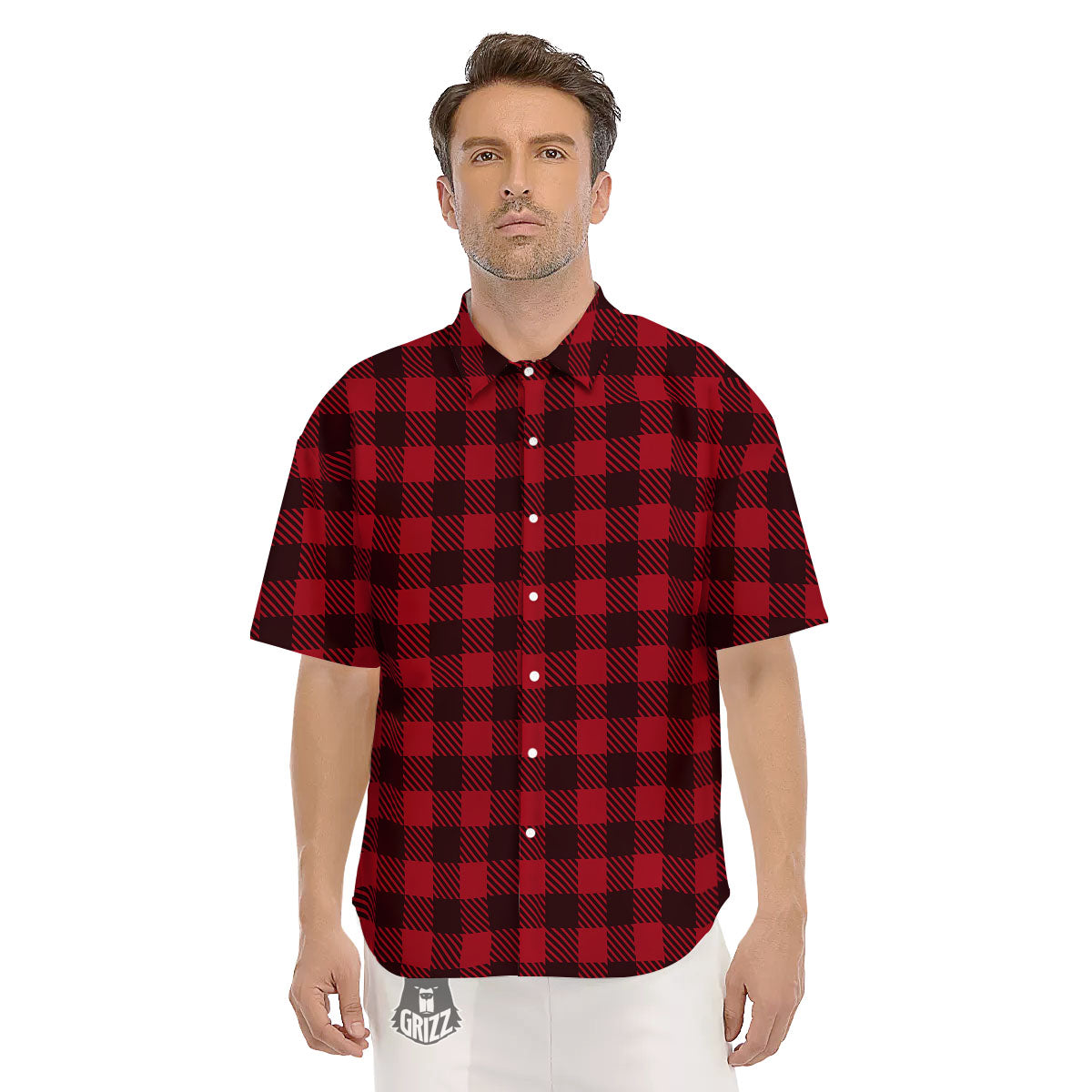 Buffalo Plaid Black And Red Print Men's Short Sleeve Shirts-grizzshop