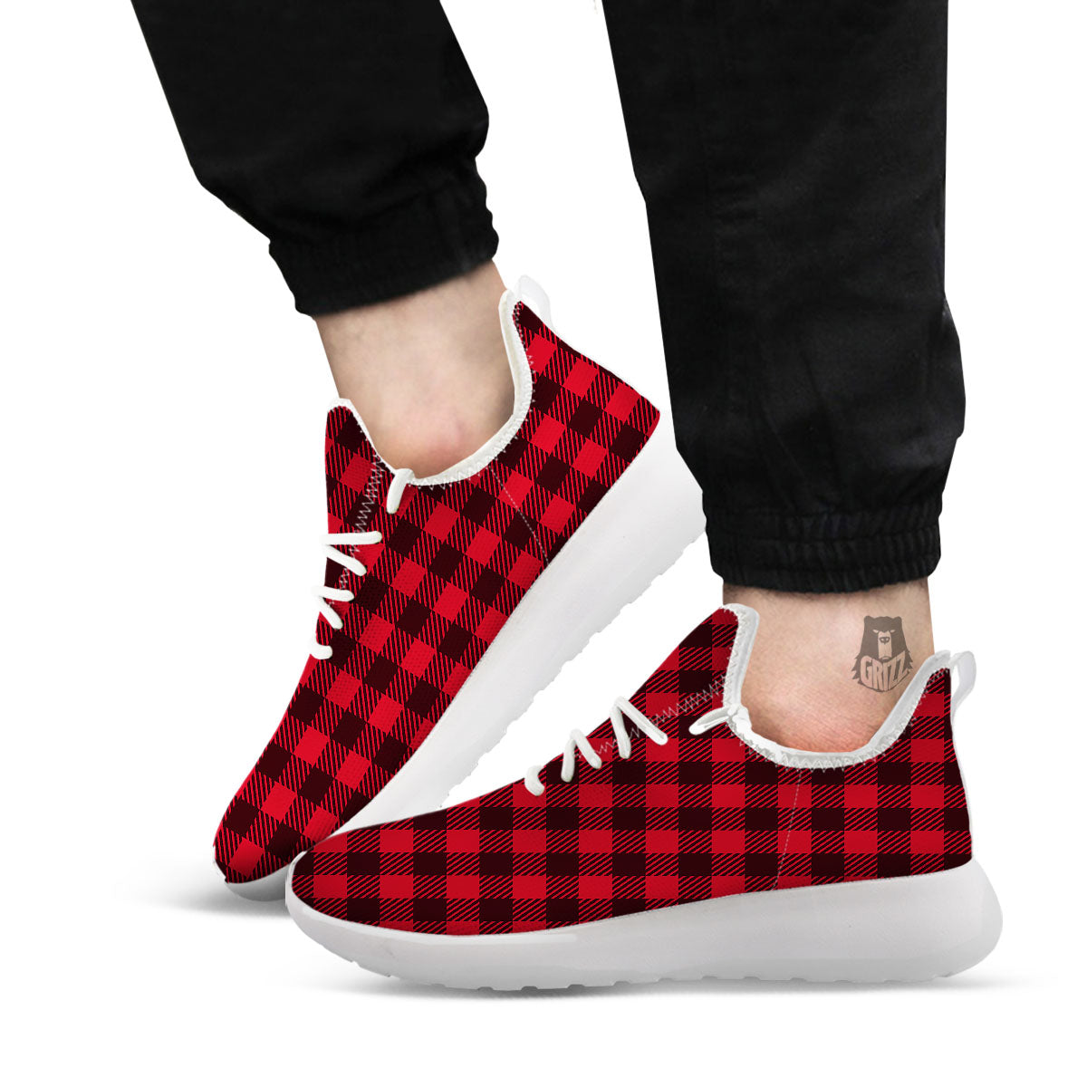 Buffalo Plaid Black And Red Print White Athletic Shoes-grizzshop