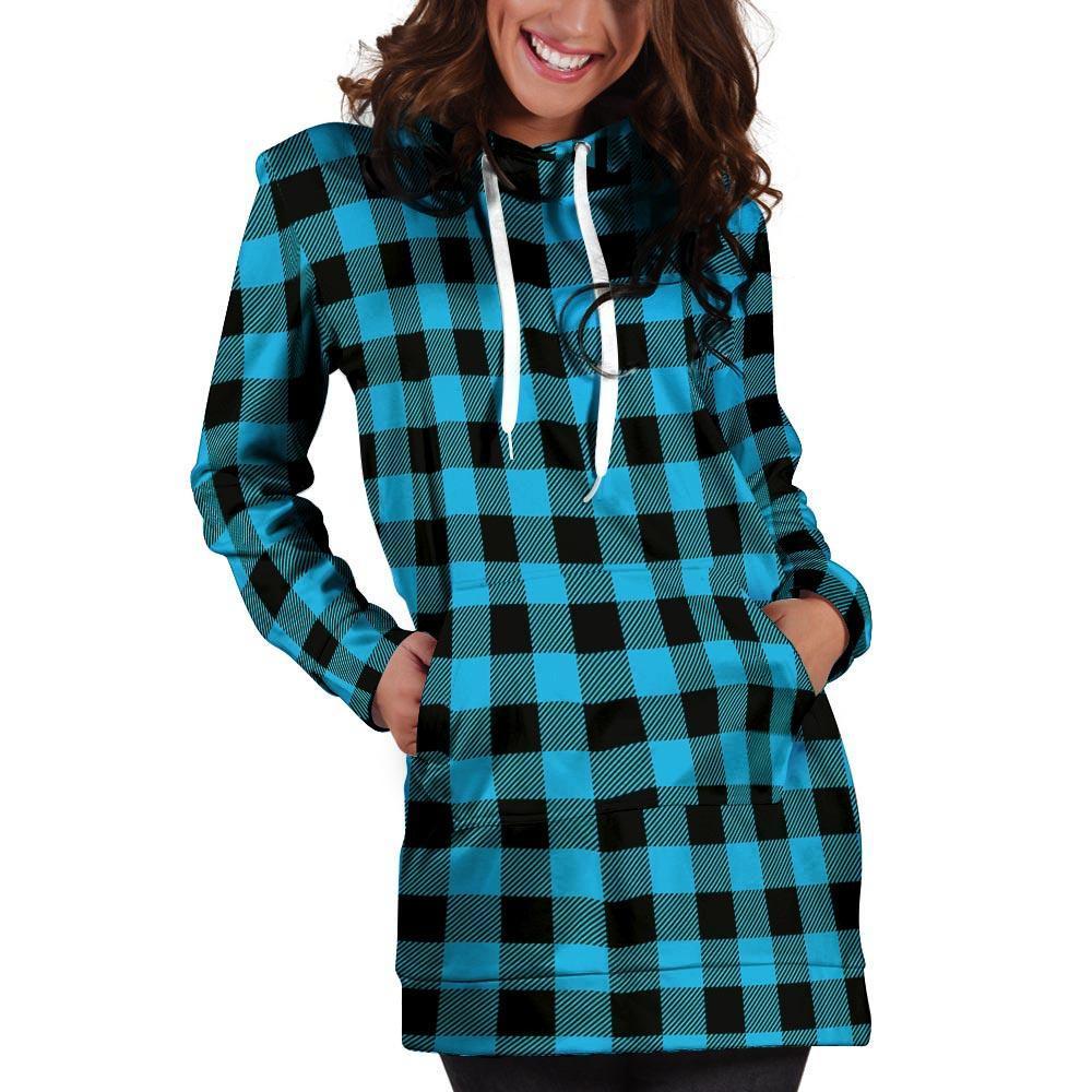 Buffalo Plaid Blue Print Hoodie Dress-grizzshop