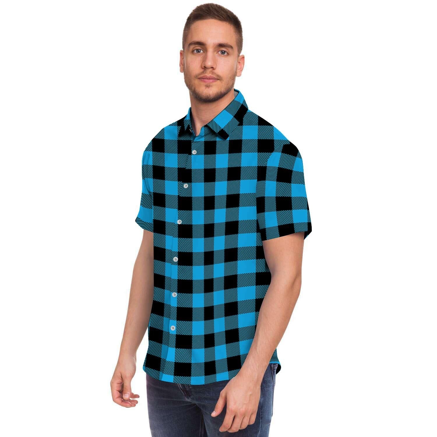 Buffalo Plaid Blue Print Men's Short Sleeve Shirt-grizzshop