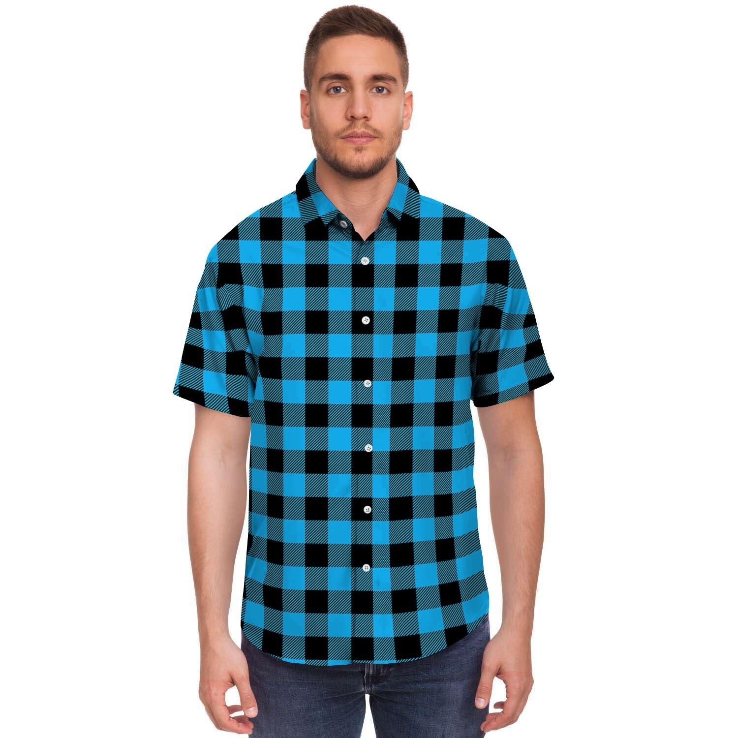 Buffalo Plaid Blue Print Men's Short Sleeve Shirt-grizzshop