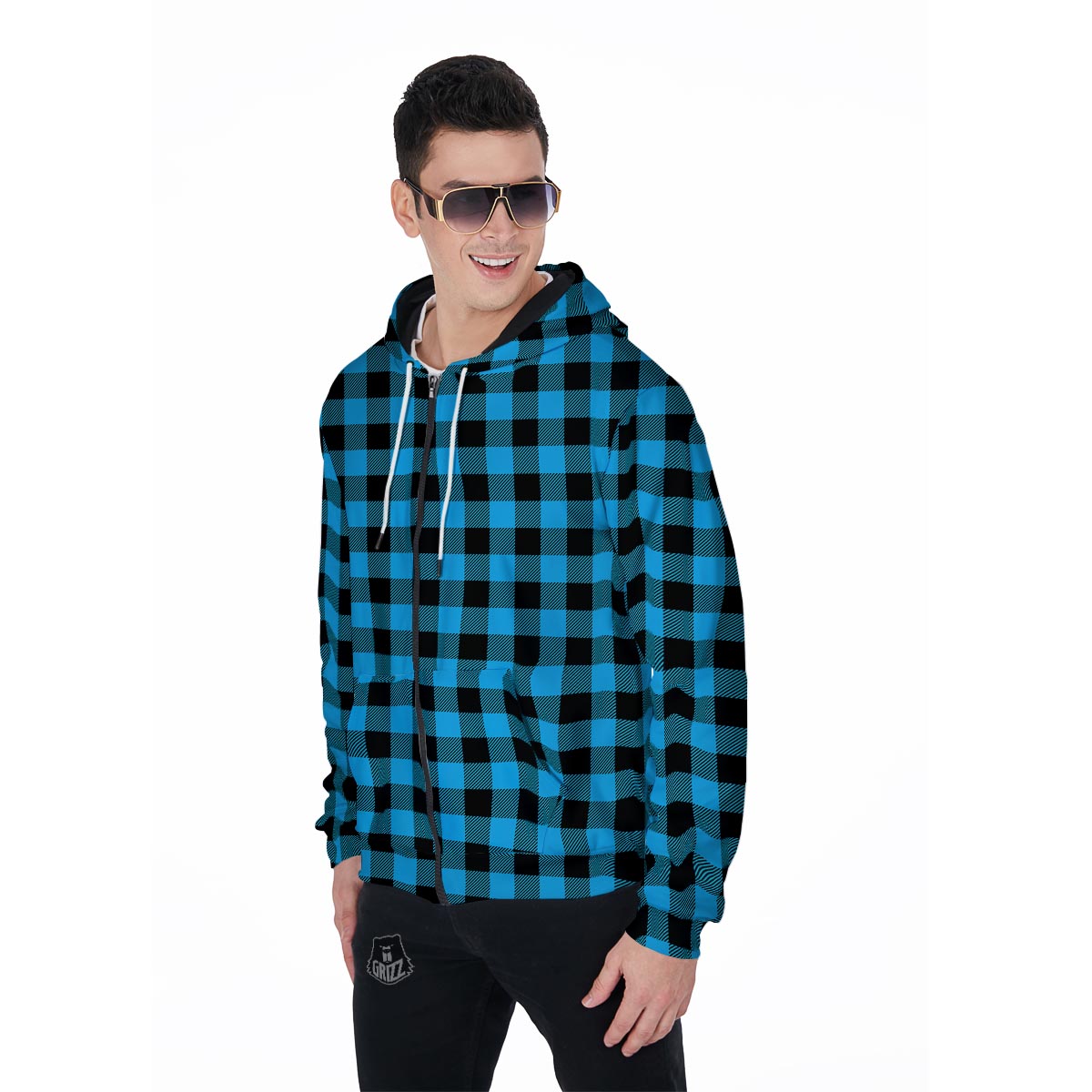 Buffalo Plaid Blue Print Men's Zip Up Hoodie-grizzshop