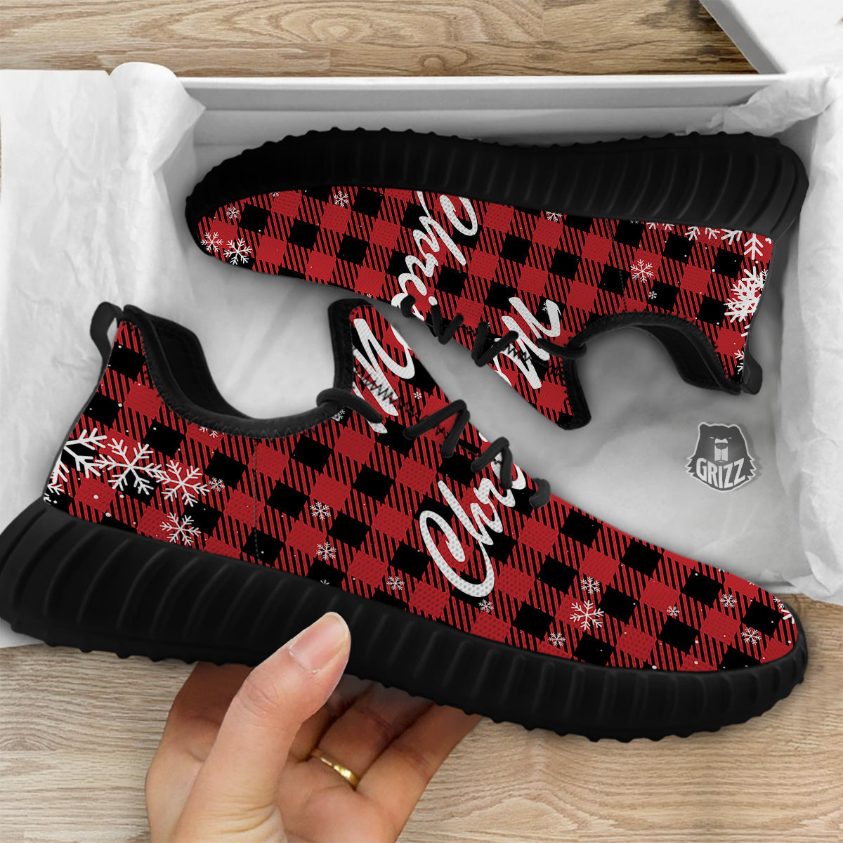 Buffalo Plaid Christmas Print Black Walking Shoes-grizzshop