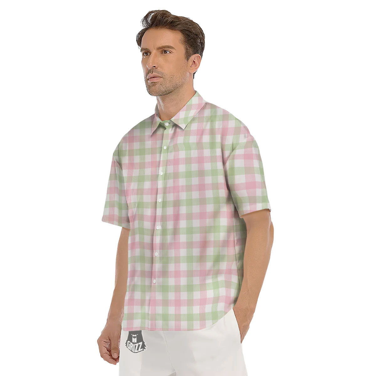 Buffalo Plaid Green And Pink Print Men's Short Sleeve Shirts-grizzshop