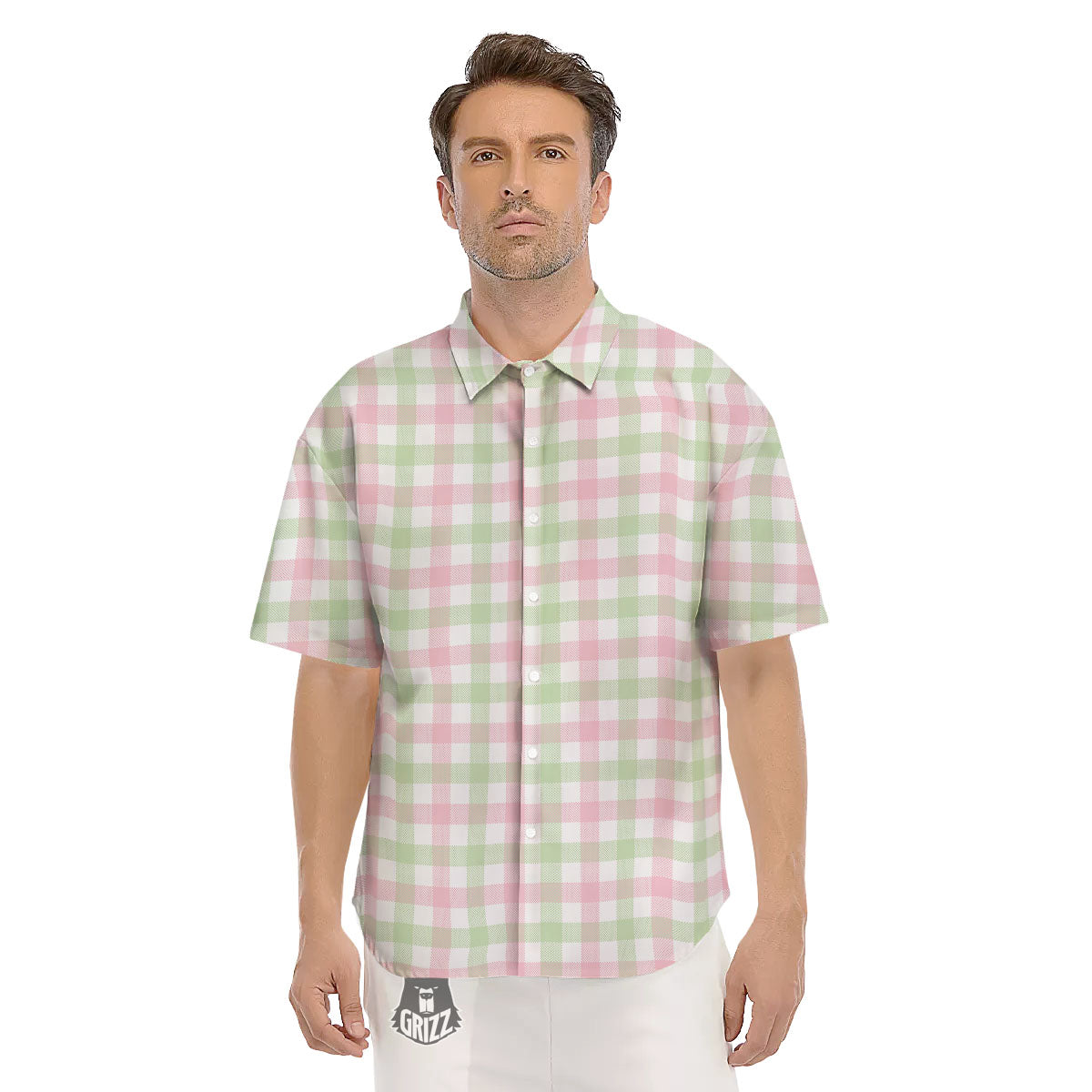 Buffalo Plaid Green And Pink Print Men's Short Sleeve Shirts-grizzshop