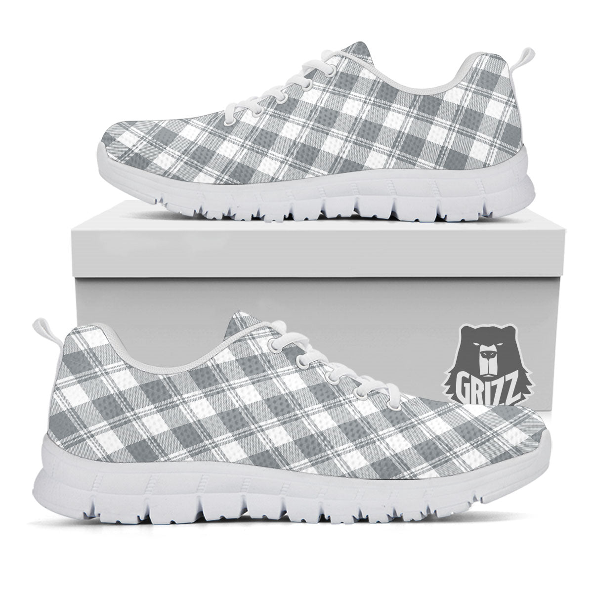 Buffalo Plaid Grey Print Pattern White Sneaker-grizzshop