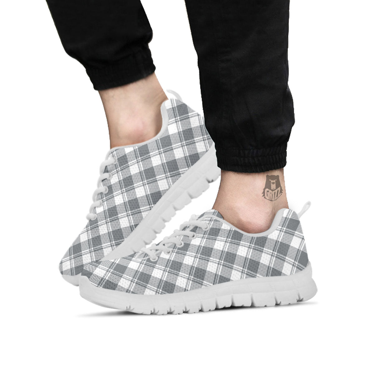 Buffalo Plaid Grey Print Pattern White Sneaker-grizzshop