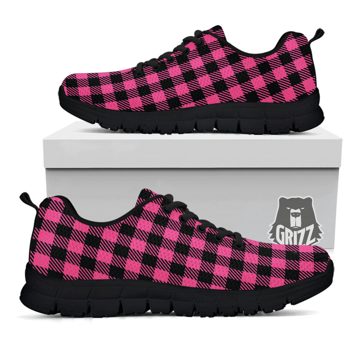 Buffalo Plaid Hot Pink Print Black Sneaker-grizzshop