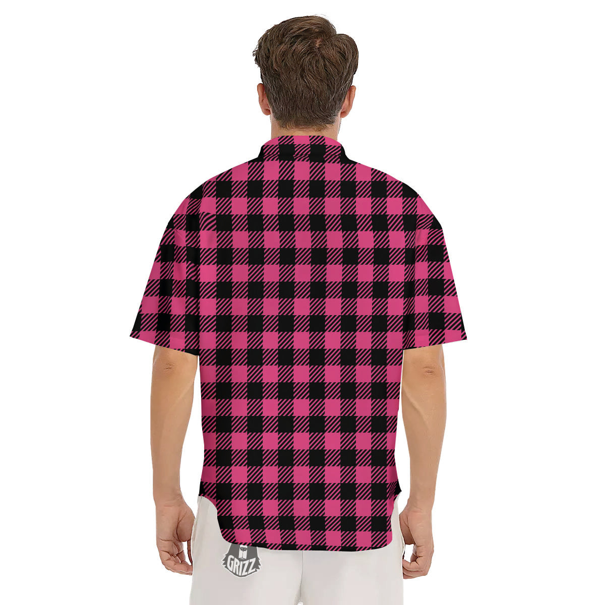 Buffalo Plaid Hot Pink Print Men's Short Sleeve Shirts-grizzshop