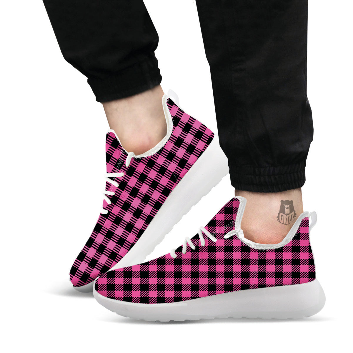 Buffalo Plaid Hot Pink Print White Athletic Shoes-grizzshop