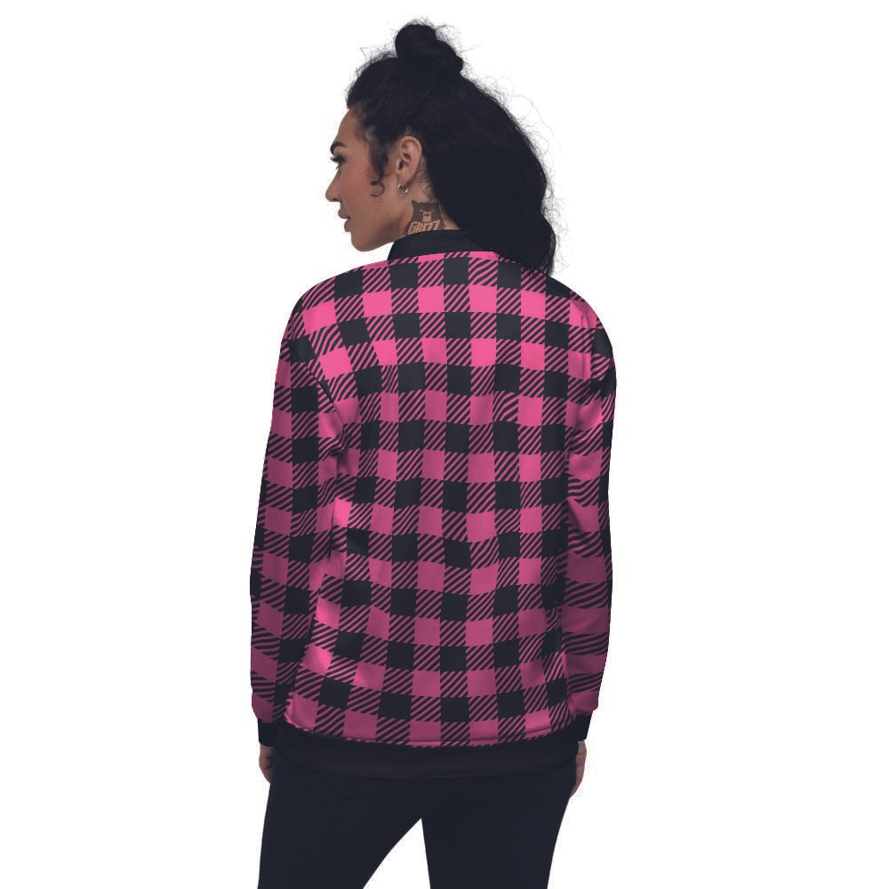 Buffalo Plaid Hot Pink Print Women's Bomber Jacket-grizzshop