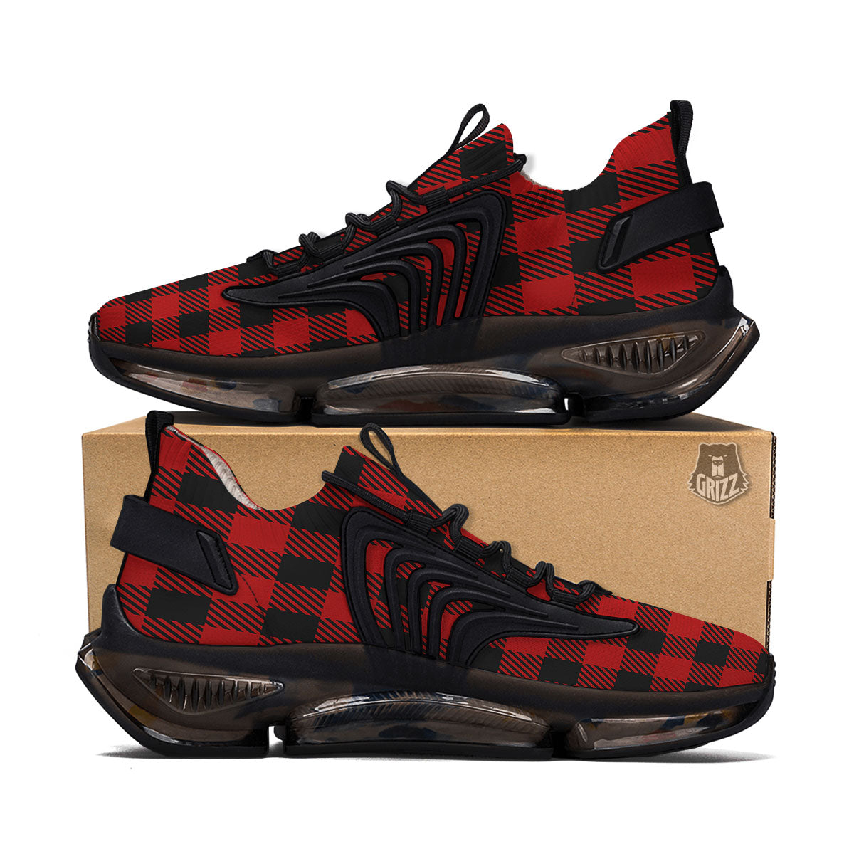 Buffalo Plaid Hot Red Print Black Gym Shoes-grizzshop
