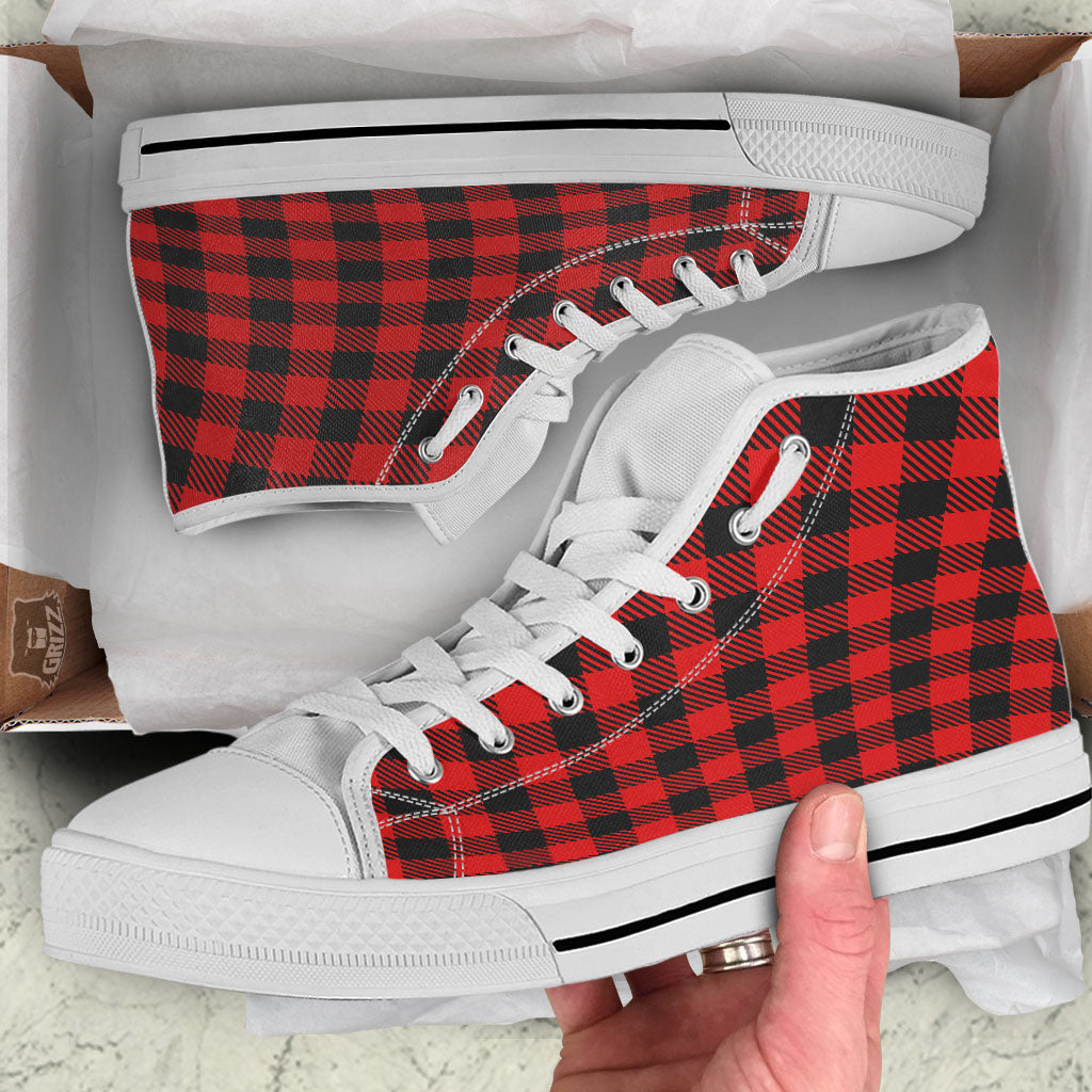 Buffalo Plaid Hot Red Print White High Top Shoes-grizzshop