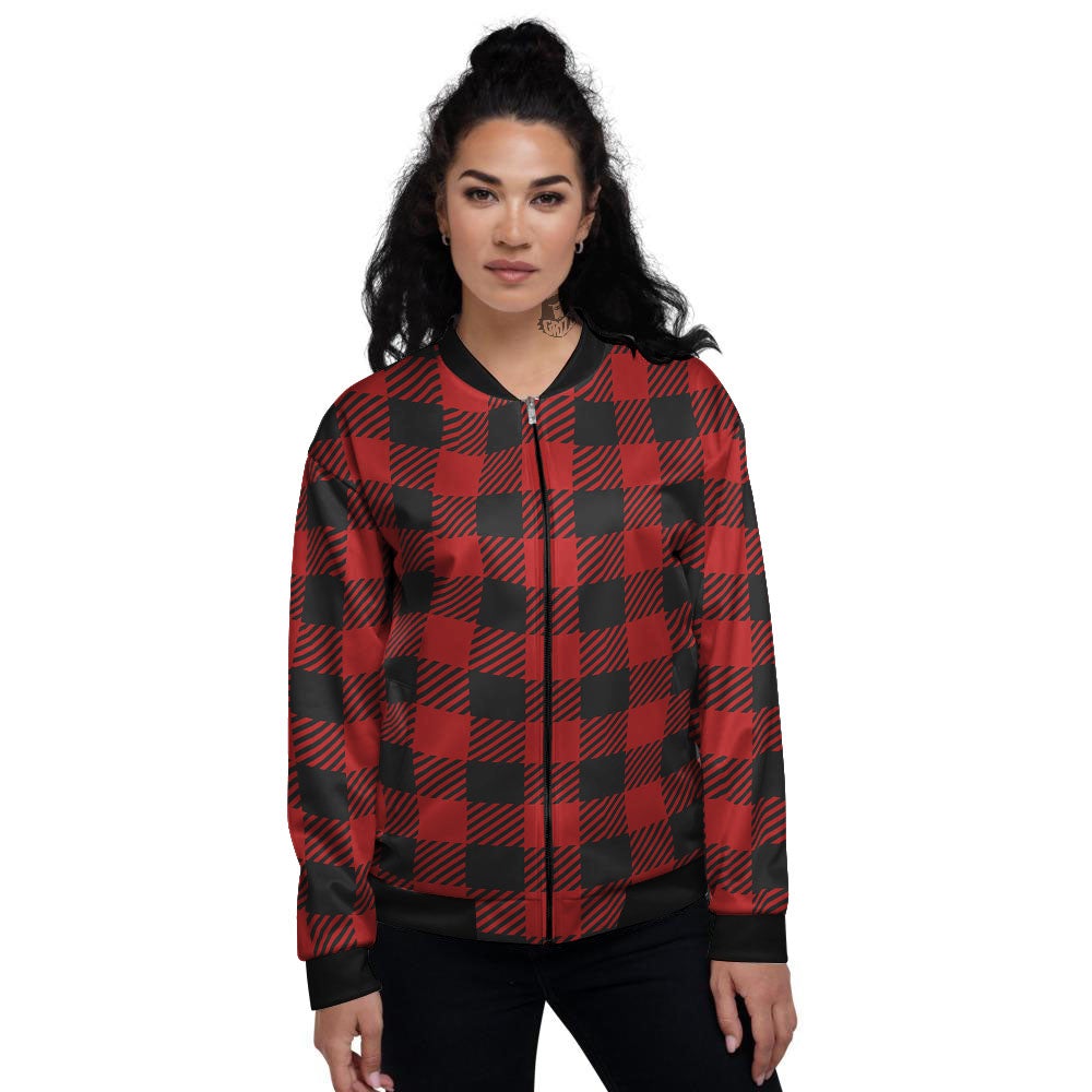 Buffalo Plaid Hot Red Print Women's Bomber Jacket-grizzshop