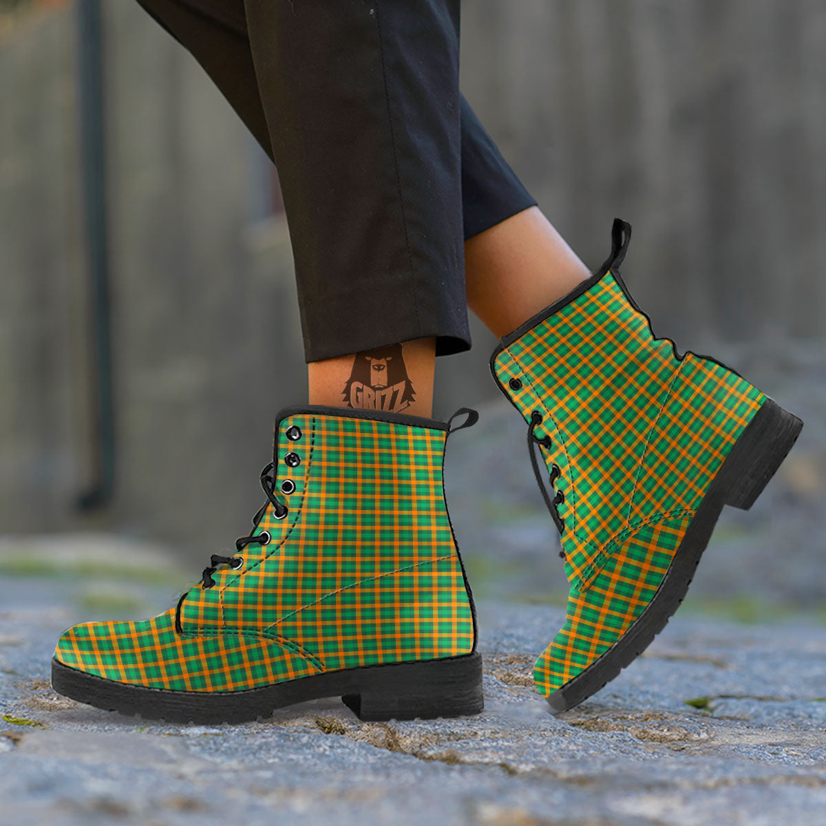 Buffalo Plaid Orange And Green Print Leather Boots-grizzshop