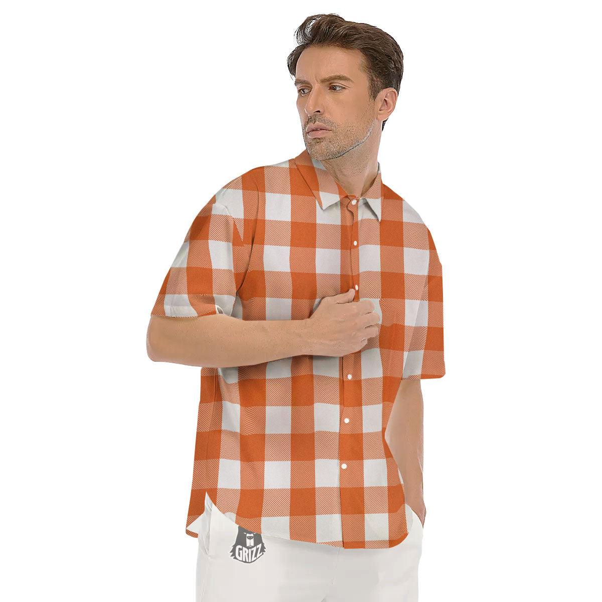 Buffalo Plaid Orange Print Men's Short Sleeve Shirts-grizzshop