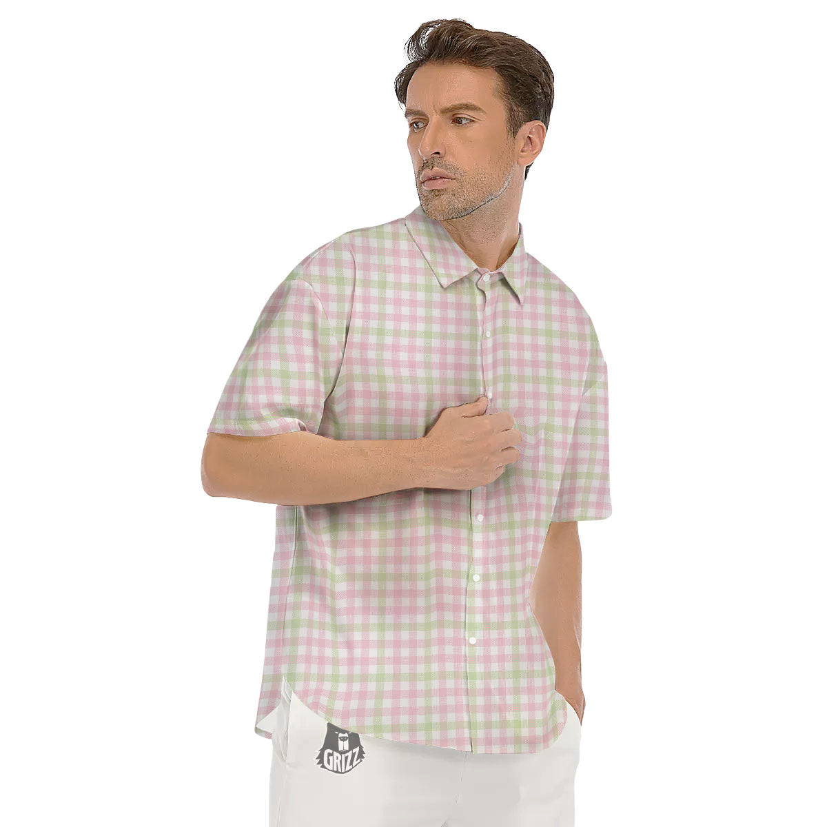 Buffalo Plaid Pink And Green Print Men's Short Sleeve Shirts-grizzshop