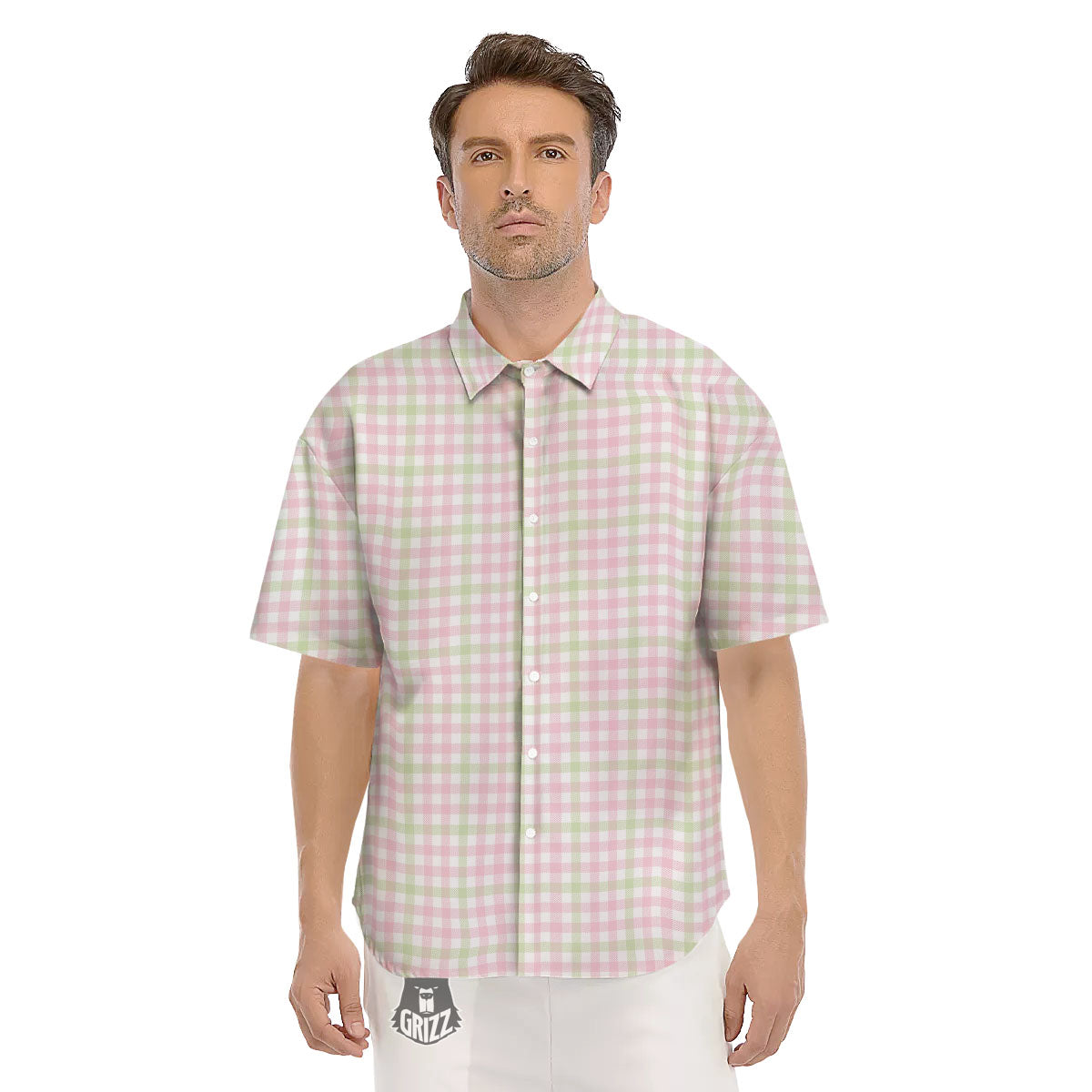 Buffalo Plaid Pink And Green Print Men's Short Sleeve Shirts-grizzshop