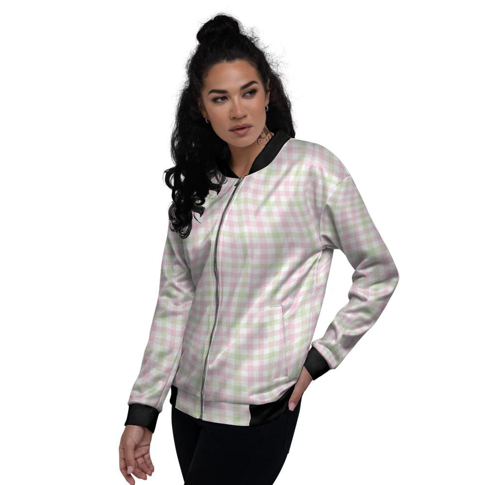 Buffalo Plaid Pink And Green Print Women's Bomber Jacket-grizzshop