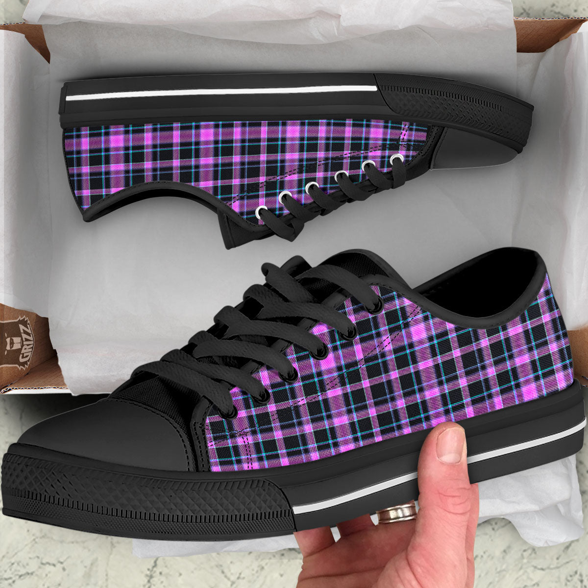 Buffalo Plaid Purple Print Pattern Black Low Top Shoes-grizzshop
