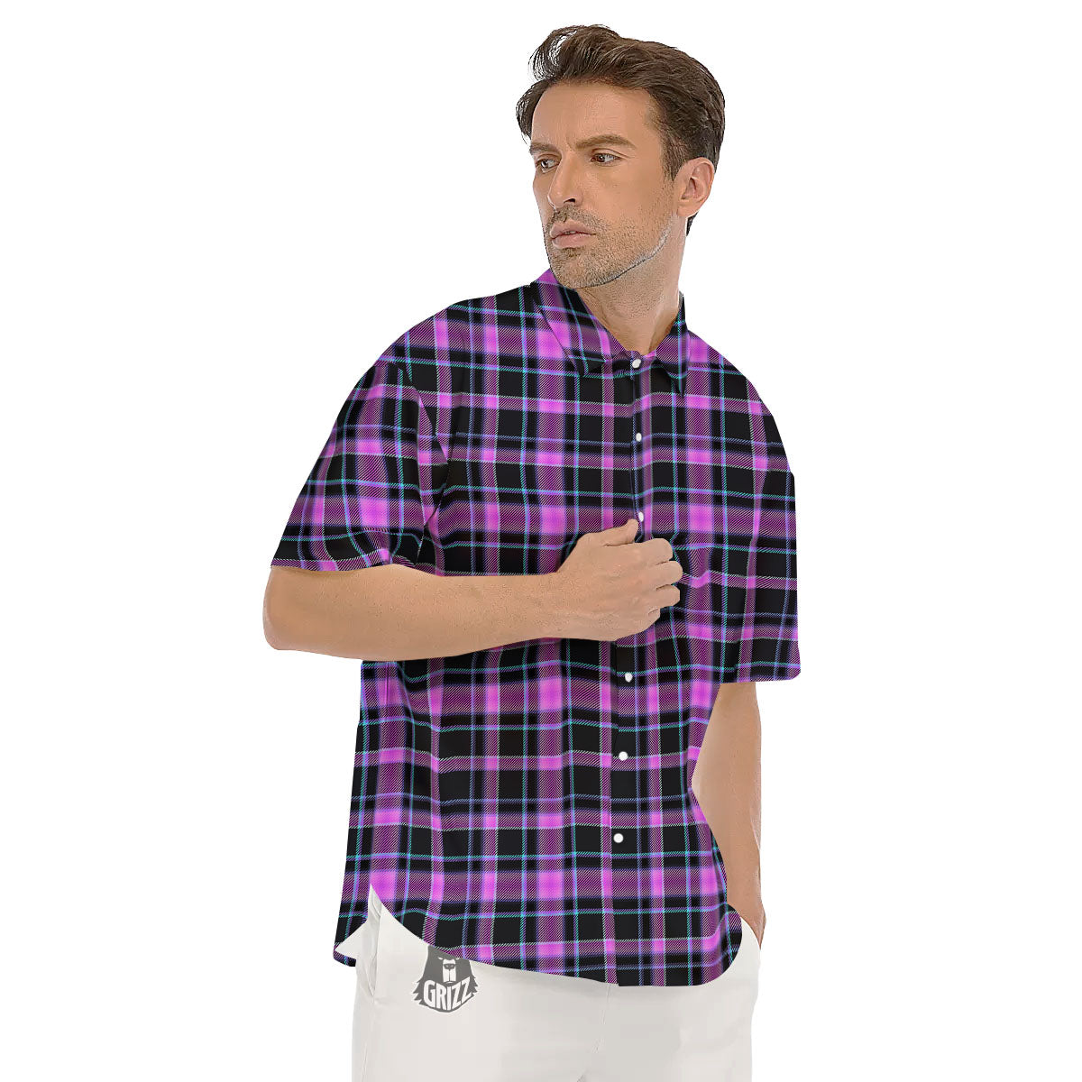 Buffalo Plaid Purple Print Pattern Men's Short Sleeve Shirts-grizzshop