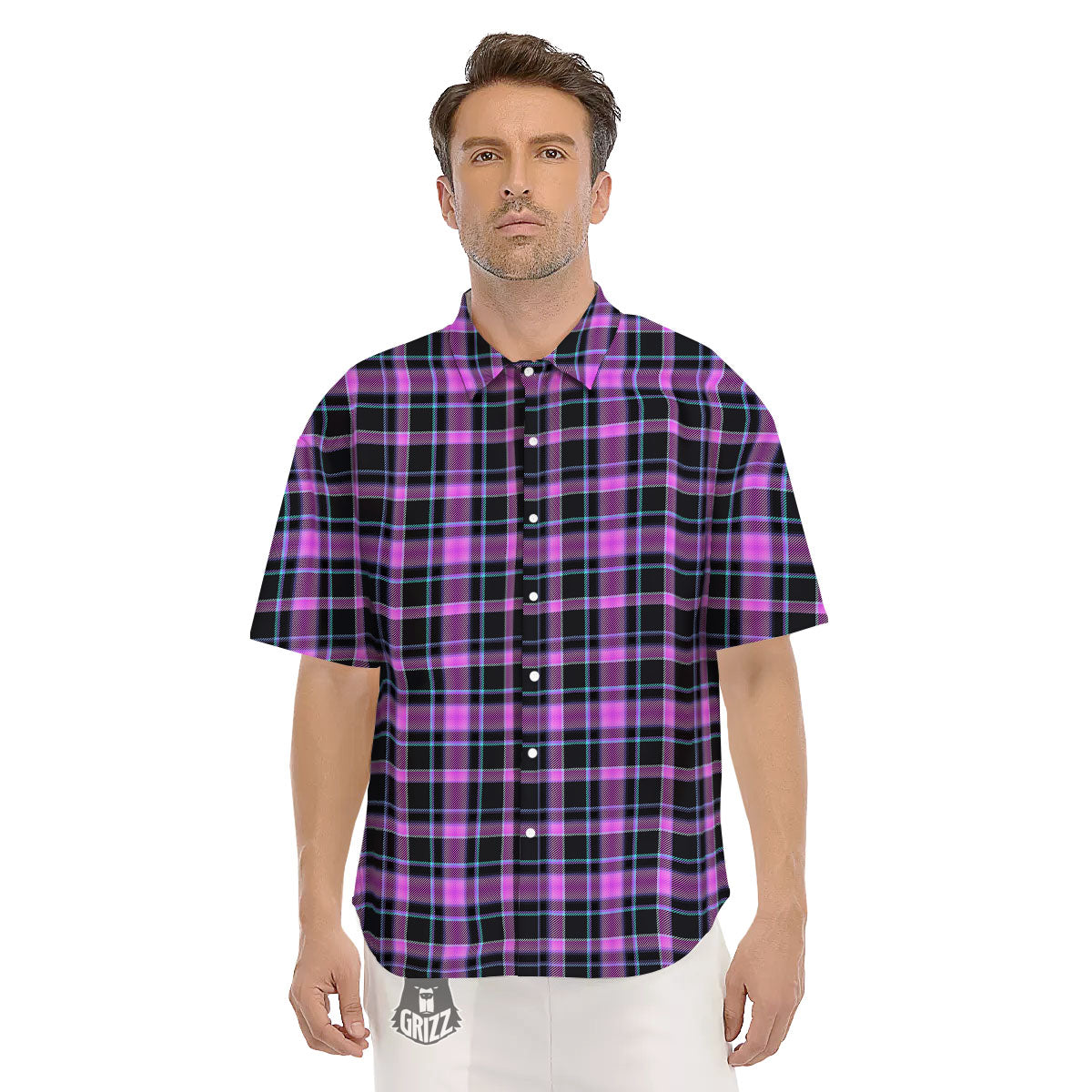 Buffalo Plaid Purple Print Pattern Men's Short Sleeve Shirts-grizzshop