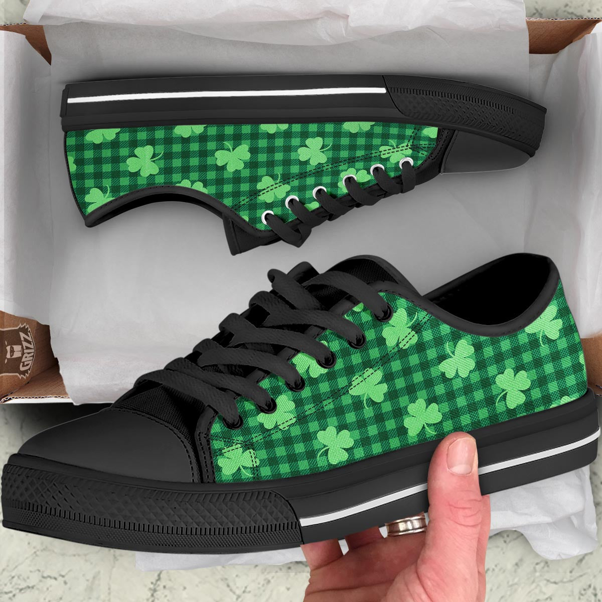 Buffalo Plaid St. Patrick's Day Print Pattern Black Low Top Shoes-grizzshop