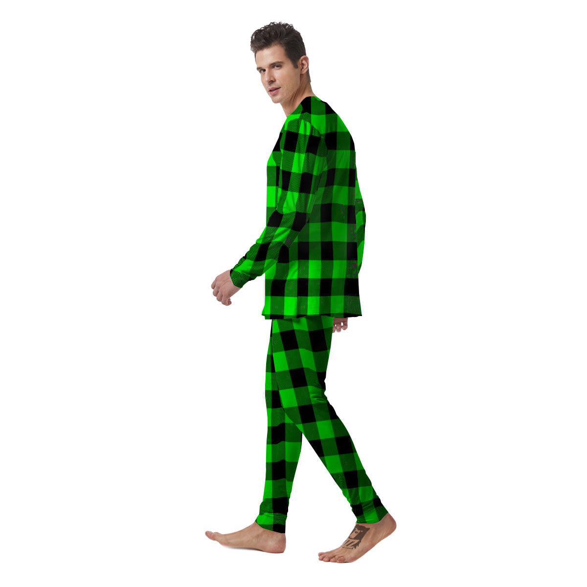 Buffalo Plaid UFO Green Print Pattern Men's Pajamas-grizzshop