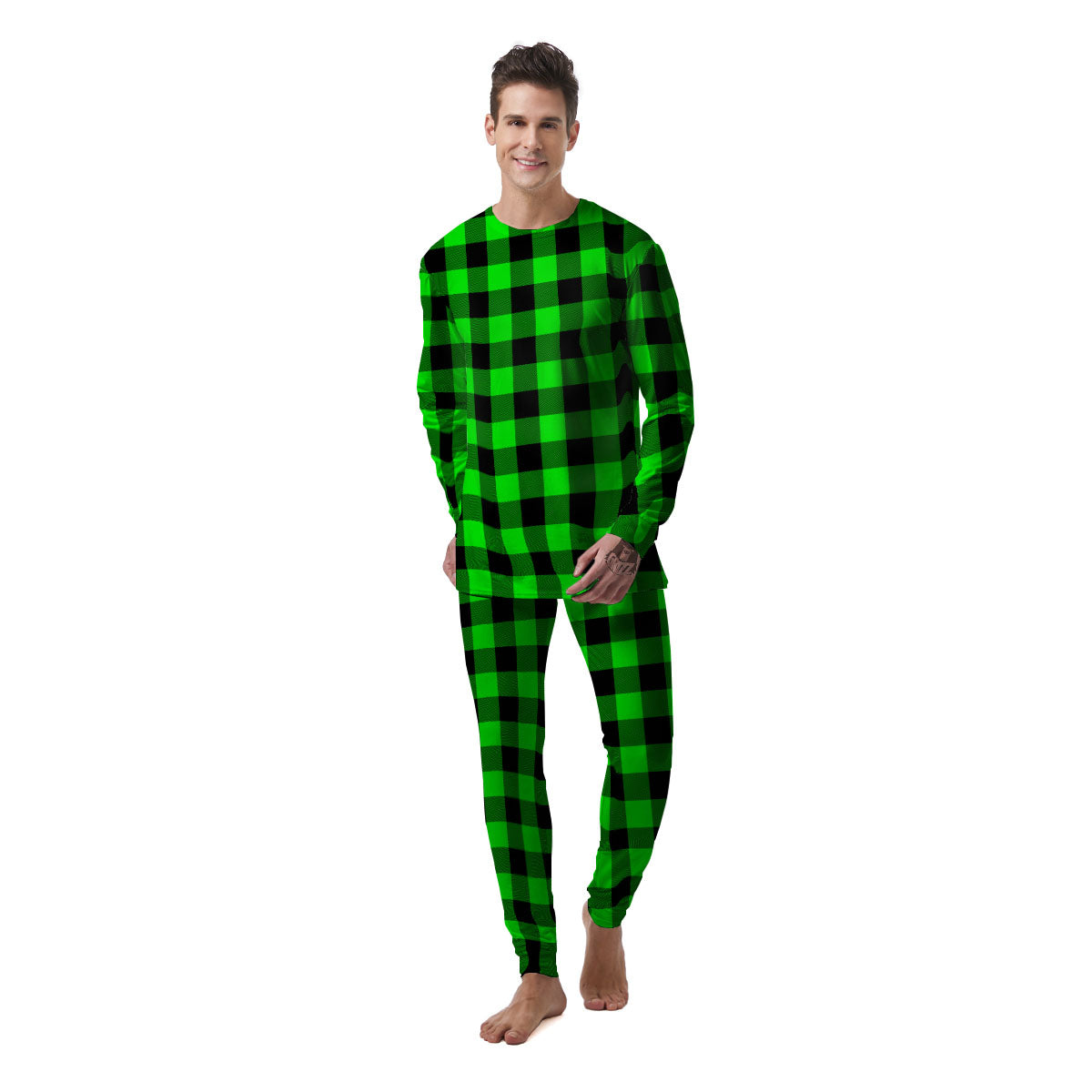 Buffalo Plaid UFO Green Print Pattern Men's Pajamas-grizzshop