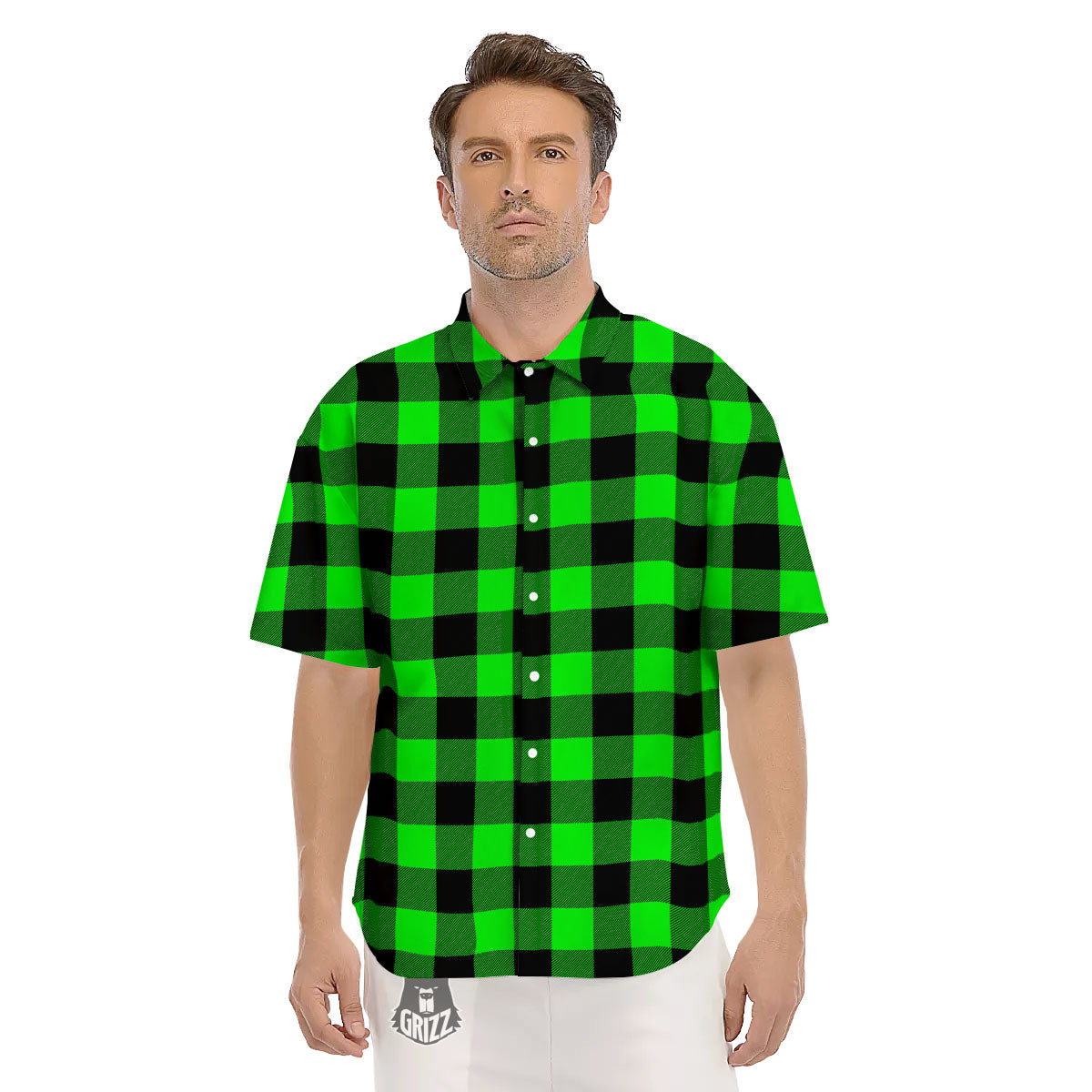 Buffalo Plaid UFO Green Print Pattern Men's Short Sleeve Shirts-grizzshop