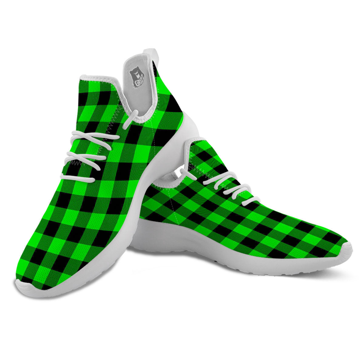 Buffalo Plaid UFO Green Print Pattern White Athletic Shoes-grizzshop