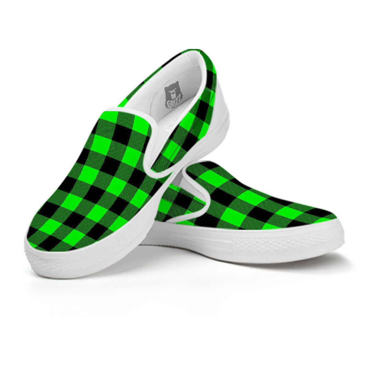 Buffalo Plaid UFO Green Print Pattern White Slip On Shoes-grizzshop