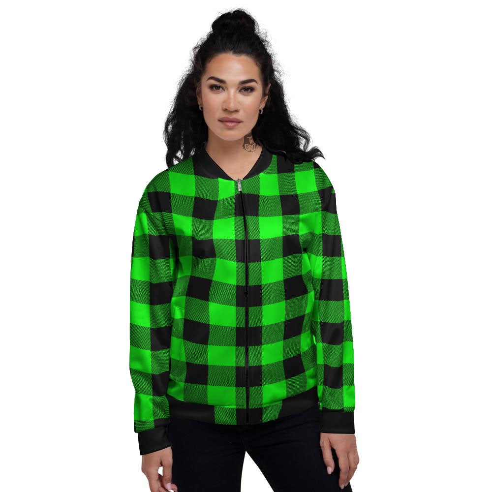 Buffalo Plaid UFO Green Print Pattern Women's Bomber Jacket-grizzshop