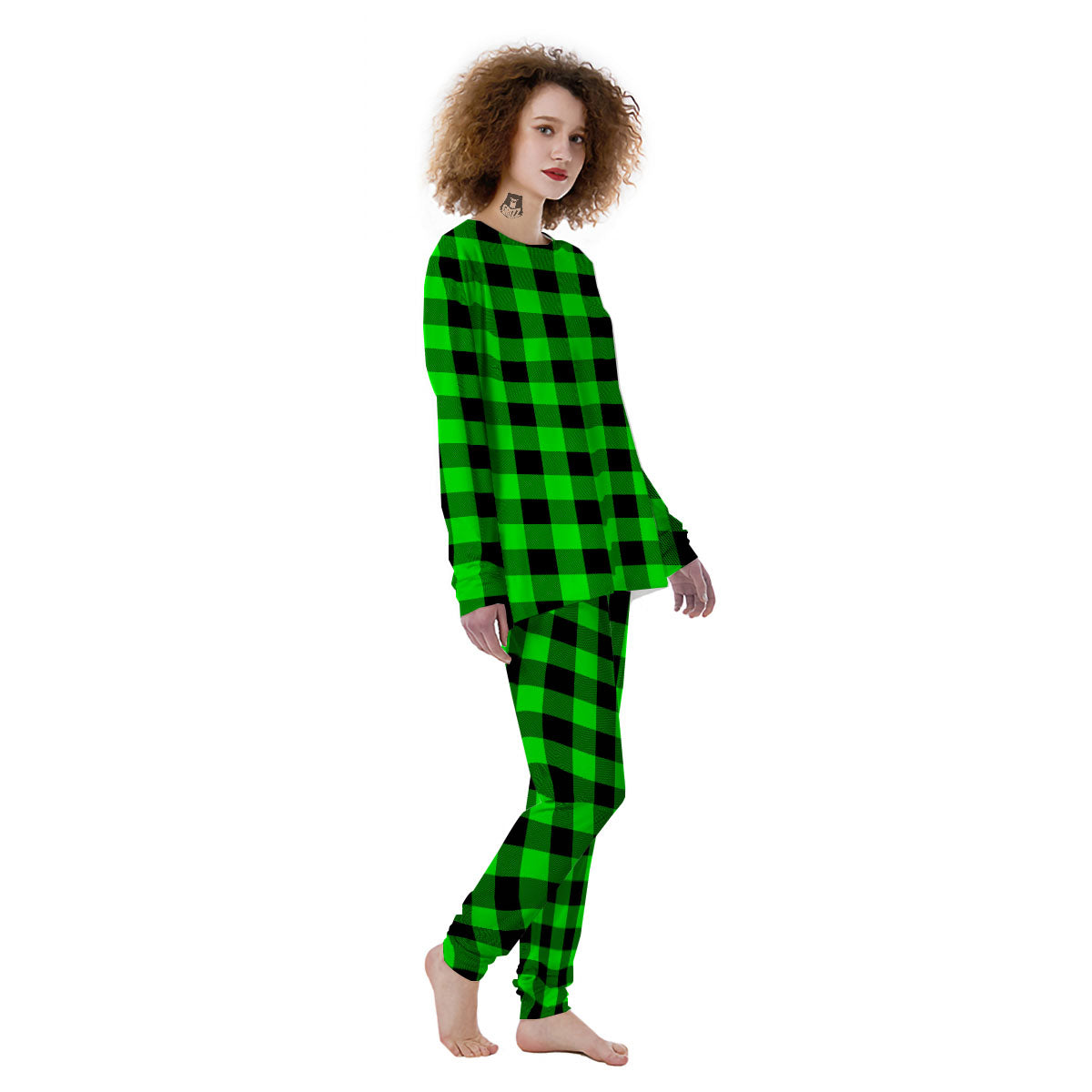 Buffalo Plaid UFO Green Print Pattern Women's Pajamas-grizzshop