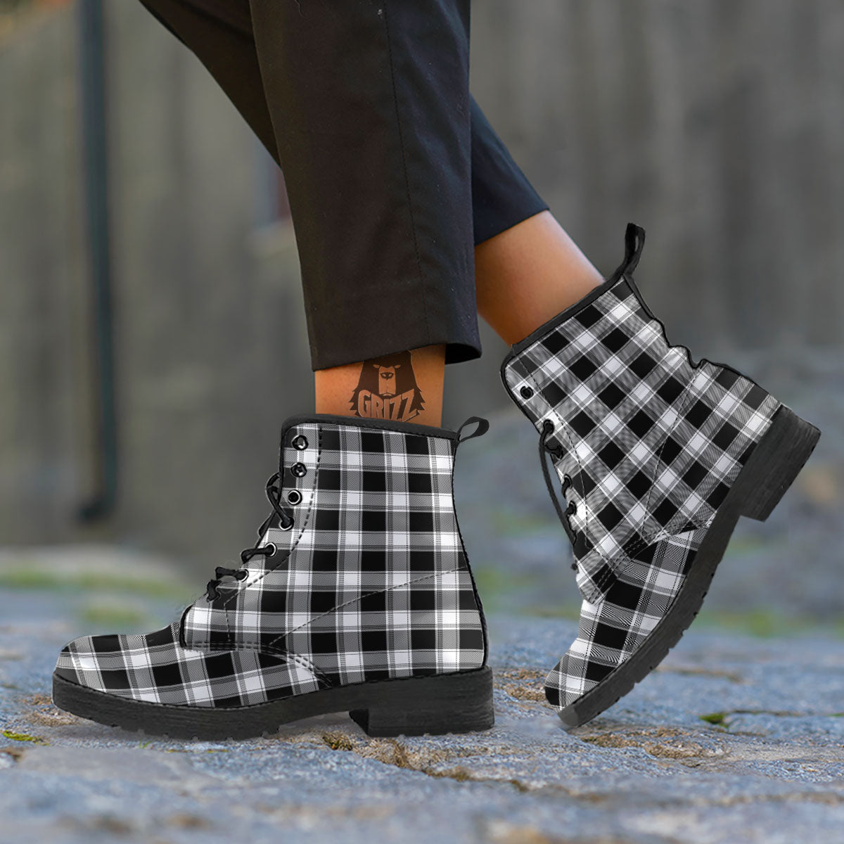 Buffalo Plaid White And Black Print Leather Boots-grizzshop