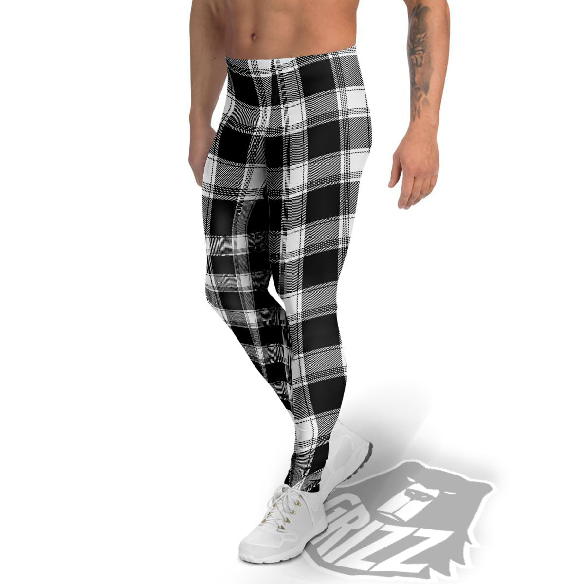 Buffalo Plaid White And Black Print Men's Leggings-grizzshop