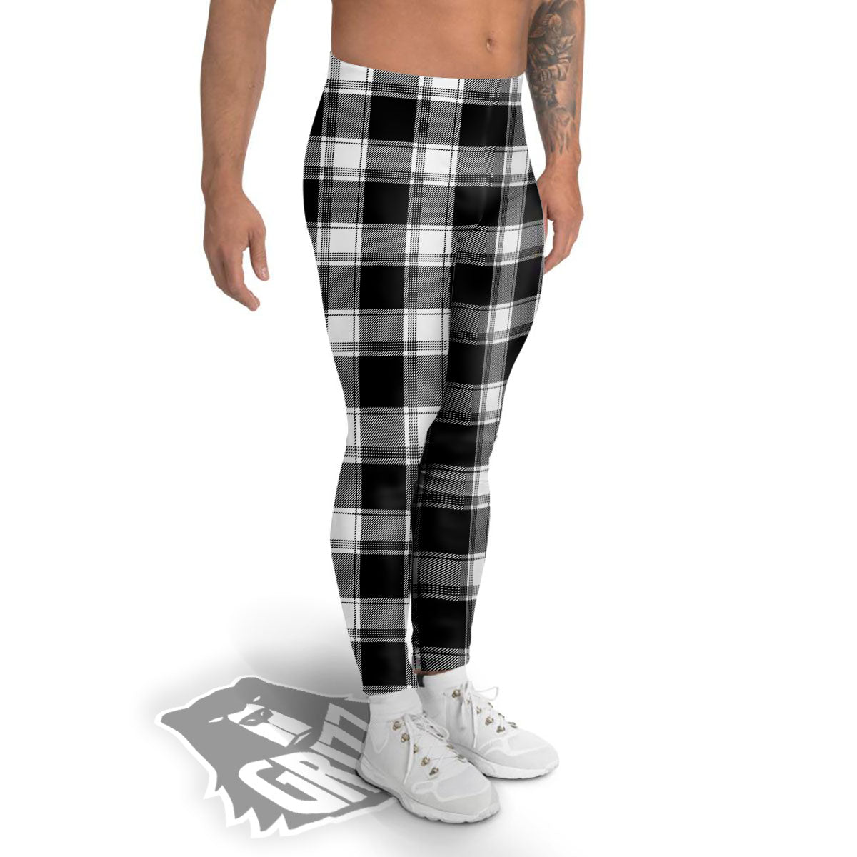 Buffalo Plaid White And Black Print Men's Leggings-grizzshop