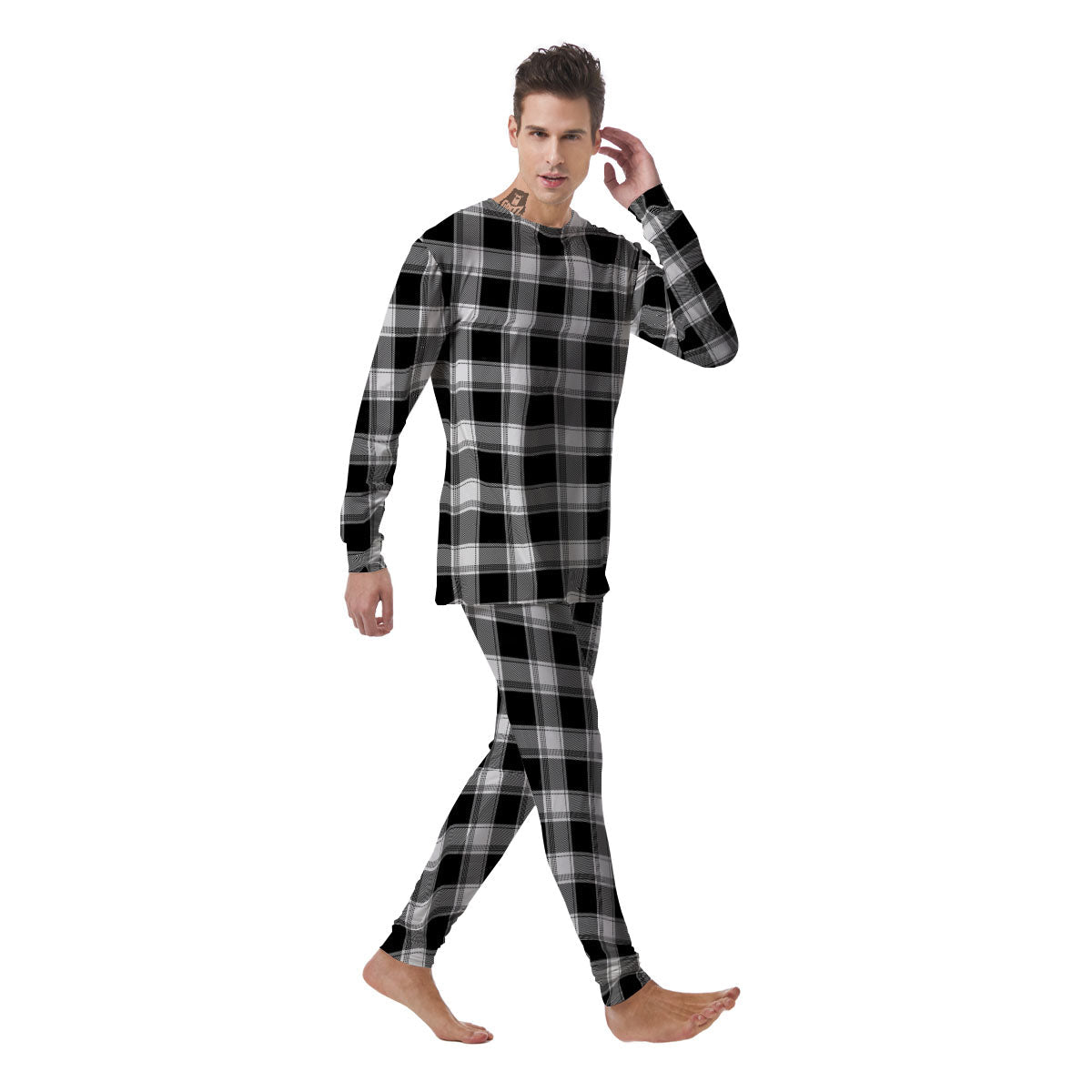 Buffalo Plaid White And Black Print Men's Pajamas-grizzshop