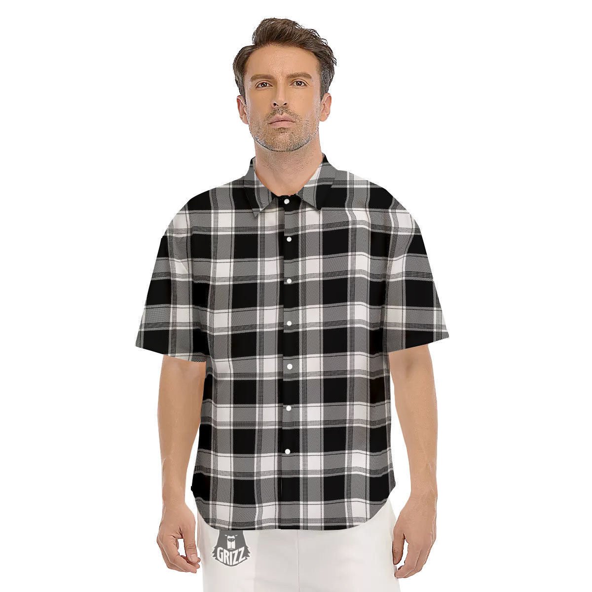 Buffalo Plaid White And Black Print Men's Short Sleeve Shirts-grizzshop