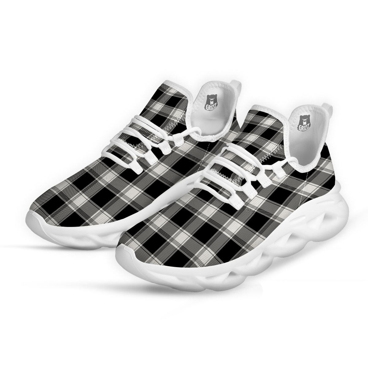 Buffalo Plaid White And Black Print White Running Shoes-grizzshop