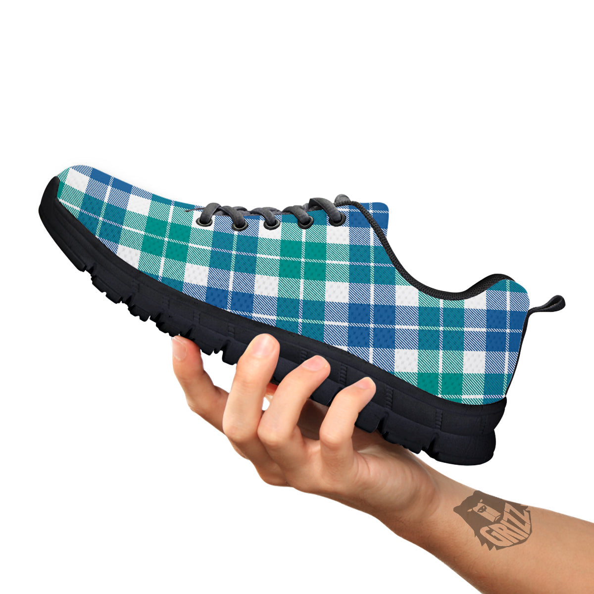 Buffalo Plaid White Green And Blue Print Pattern Black Sneaker-grizzshop