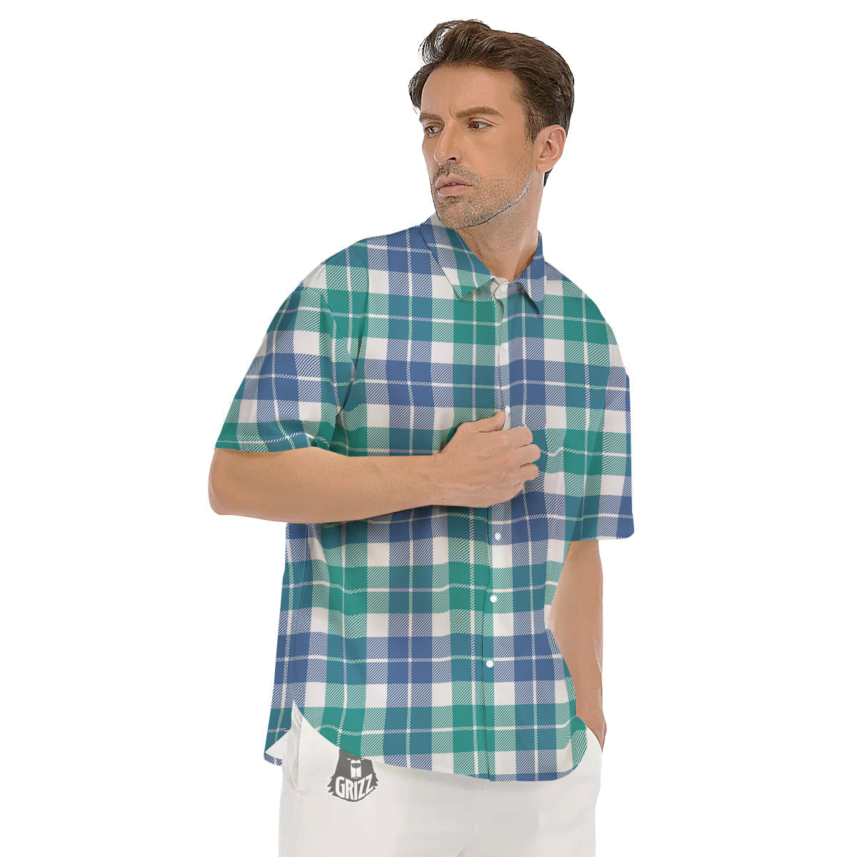 Buffalo Plaid White Green And Blue Print Pattern Men's Short Sleeve Shirts-grizzshop