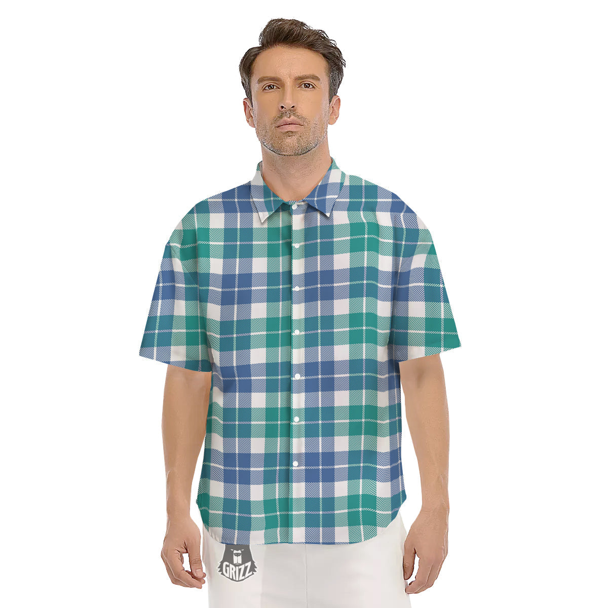 Buffalo Plaid White Green And Blue Print Pattern Men's Short Sleeve Shirts-grizzshop